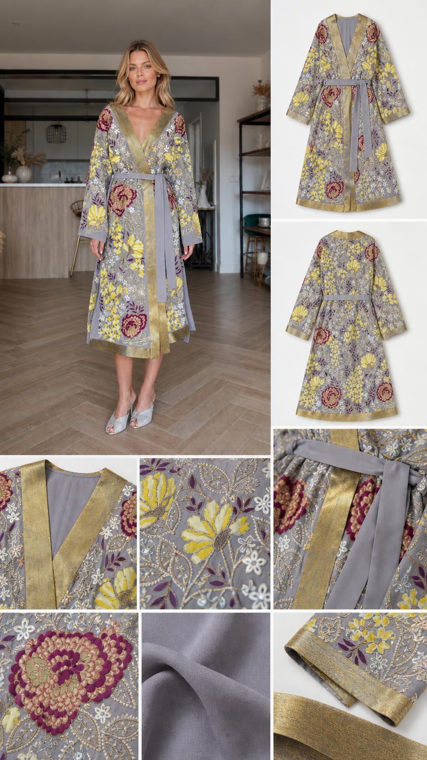 Collage showing details and angles of grey kimono robe