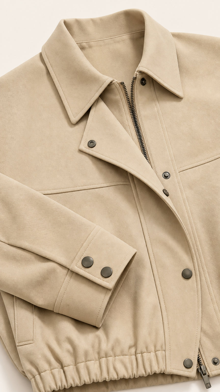 Close-up detail of the smooth texture, turn-down collar, zipper, and snap cuffs of the Khaki jacket