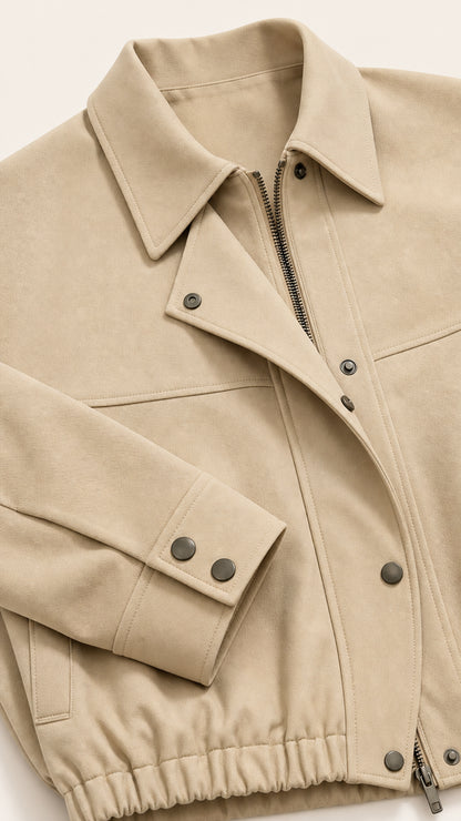 Close-up detail of the smooth texture, turn-down collar, zipper, and snap cuffs of the Khaki jacket