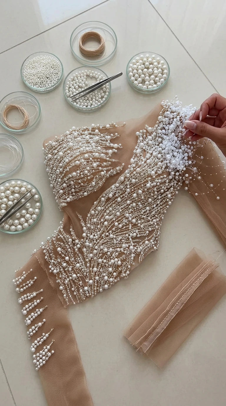 Close-up of hand-beading craftsmanship on illusion mesh fabric
