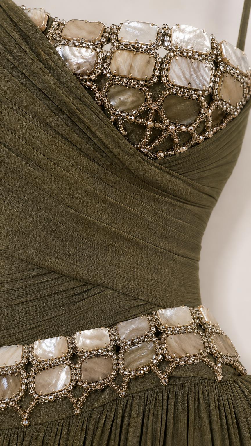 Close-up of intricate shell bead embellishments on neckline and waist