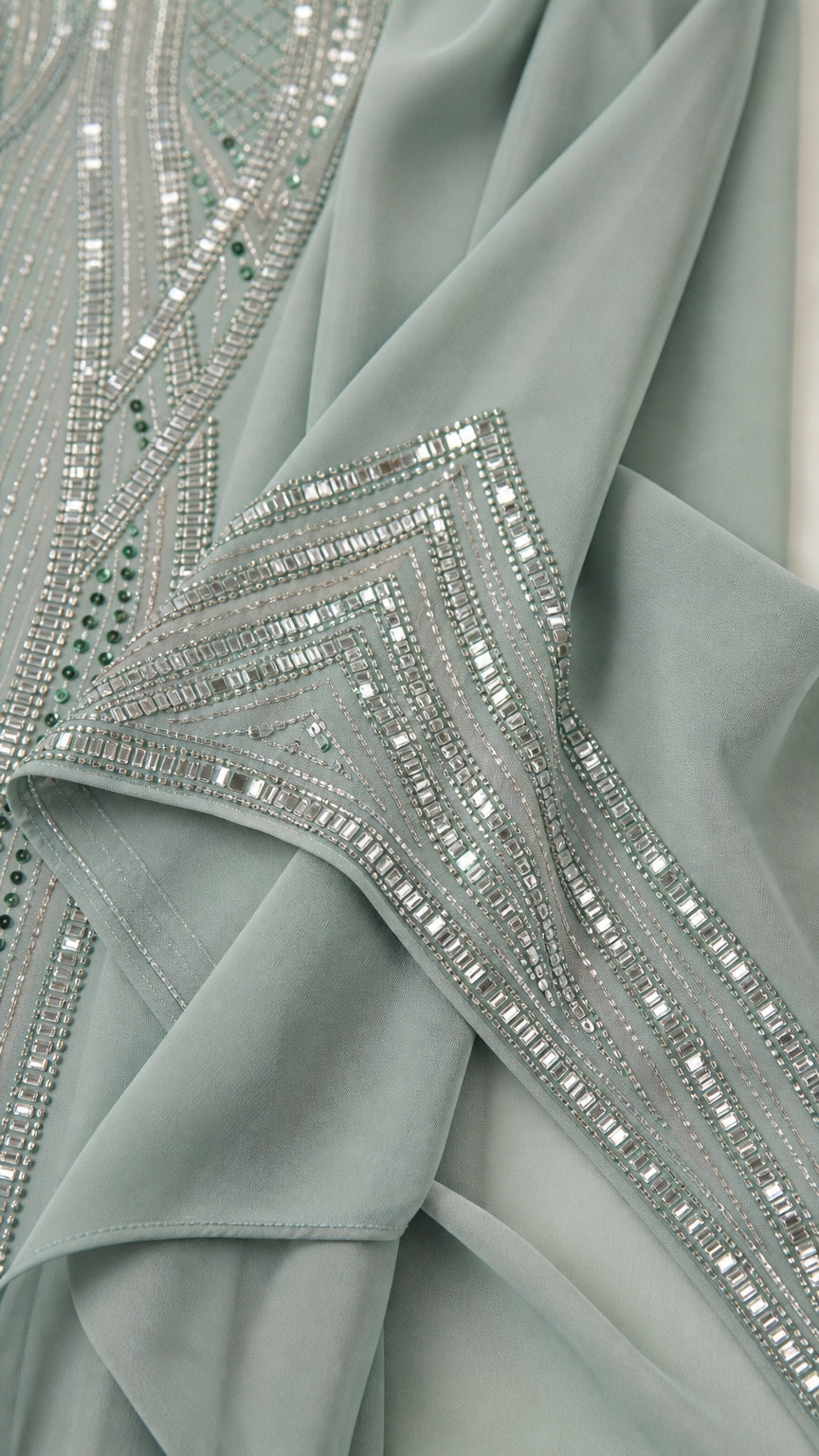 Close-up detail of geometric rhinestone embellishments on sage green fabric