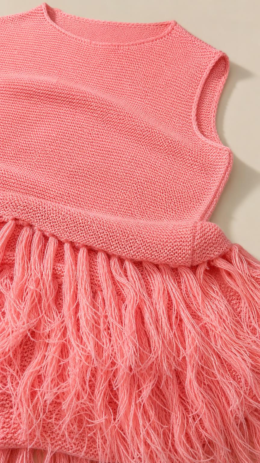 Close-up detail of the knit fabric and feather-look fringe hem