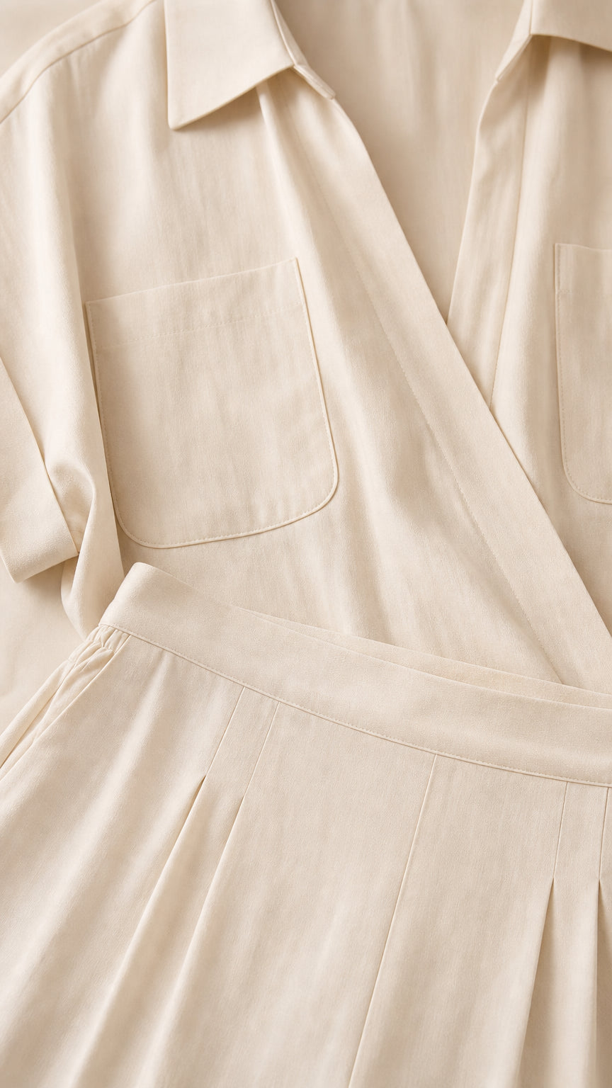 Close-up detail of collar, chest pocket, and pleated pants in beige