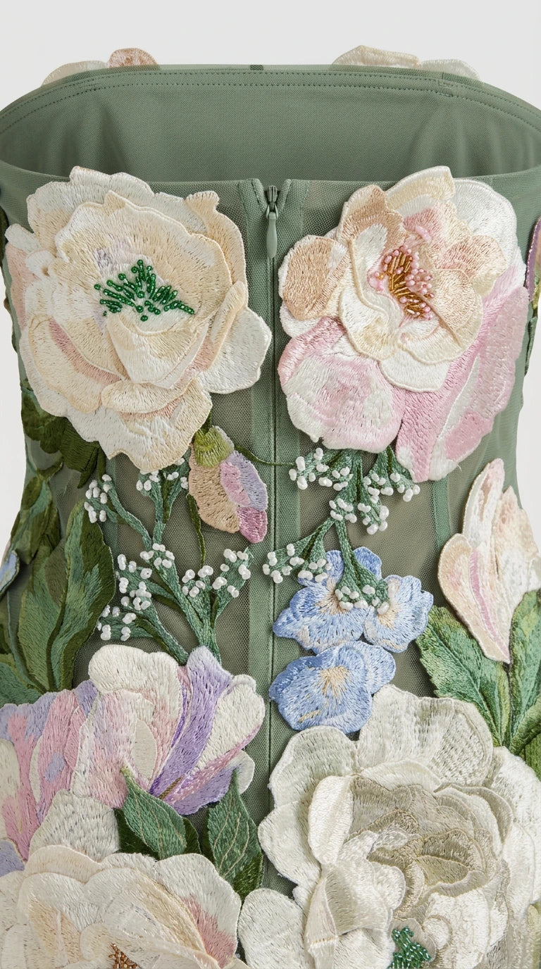 Close-up detail of 3D floral appliques and beadwork on sage green dress