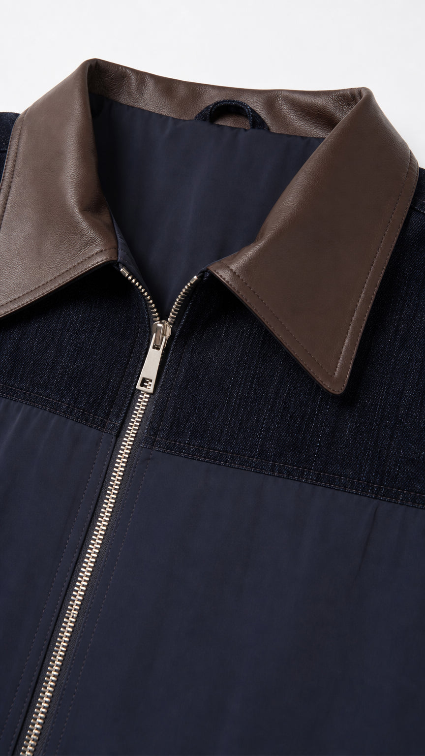 Close-up detail of brown contrast collar and front metal zipper on navy jacket