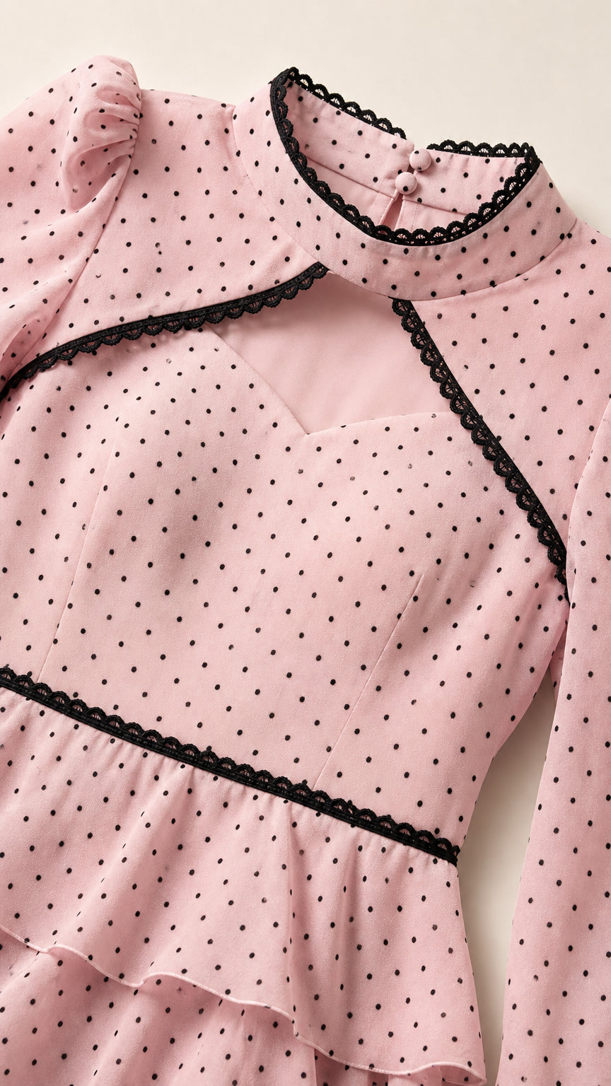 Close-up of blush pink dress bodice with lace trim and sweetheart cutout detail
