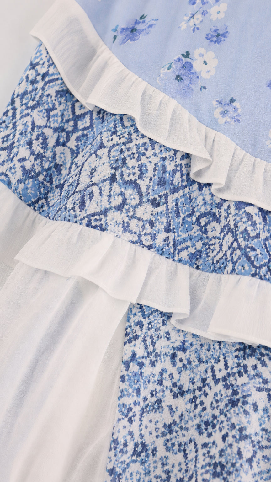 Close-up detail of blue floral print and white ruffled tiers