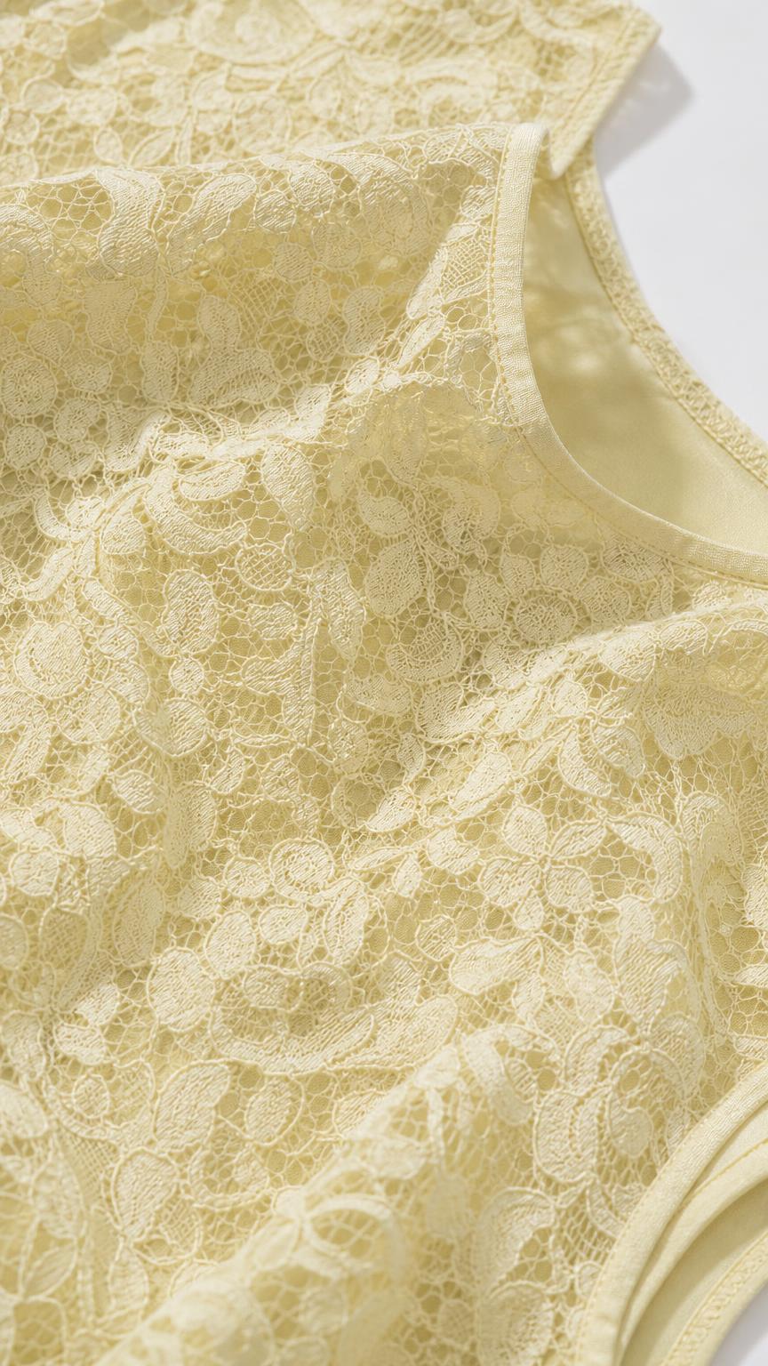 Close-up of yellow floral lace fabric texture