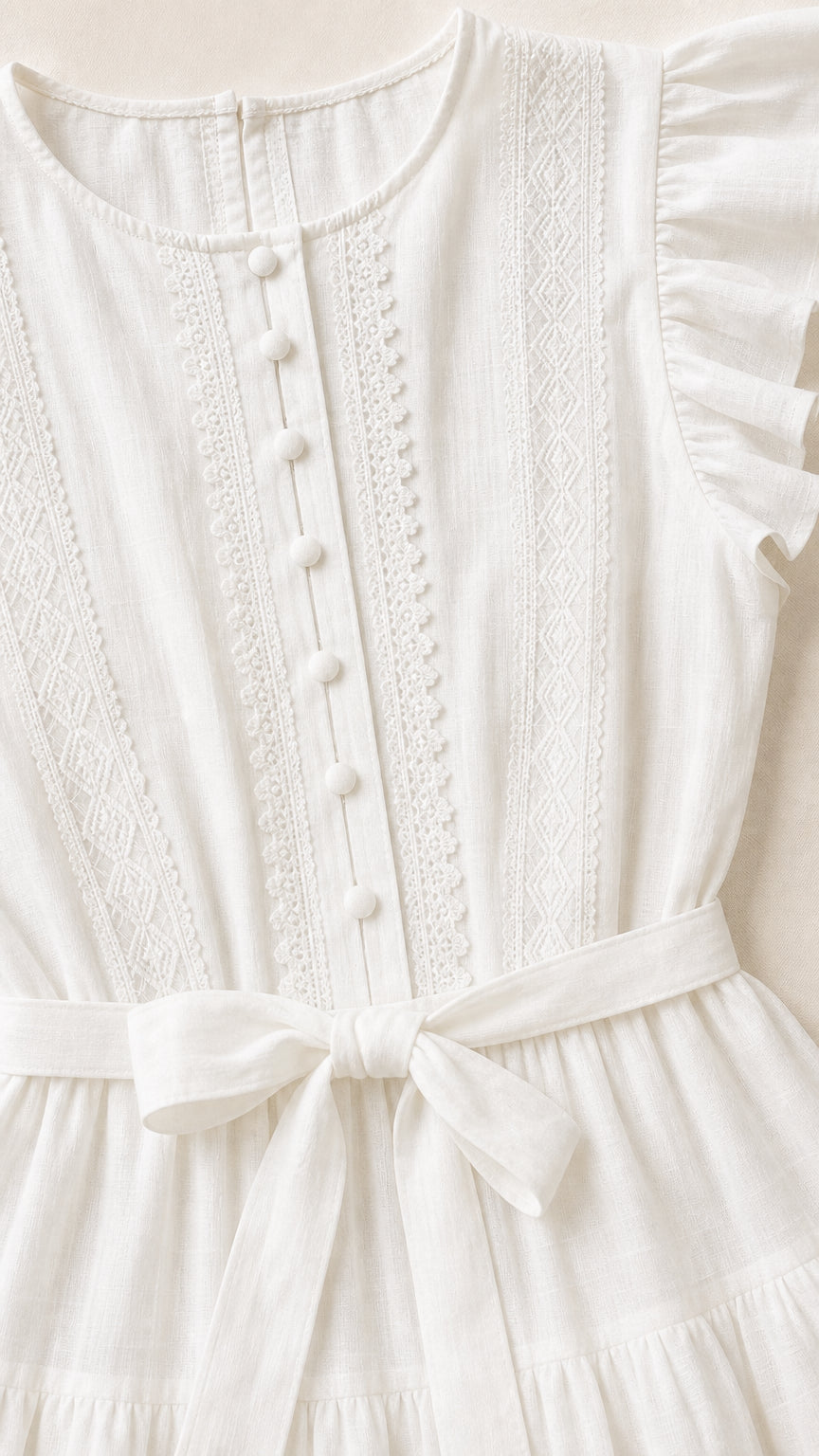 Close-up of bodice, buttons, and lace details on white dress