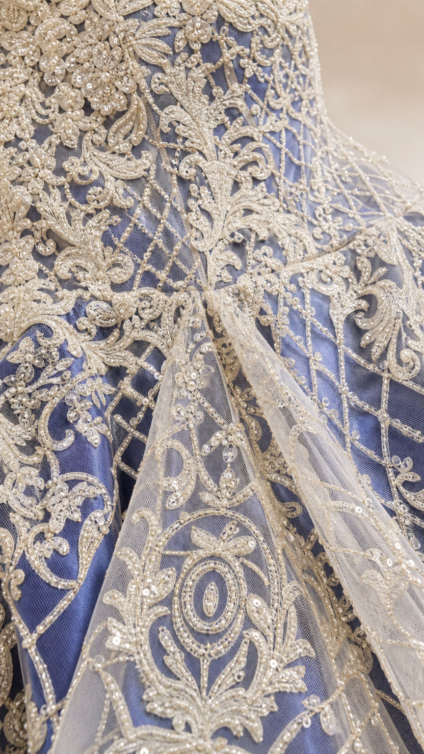 Close-up detail of metallic embroidery and beadwork on bodice