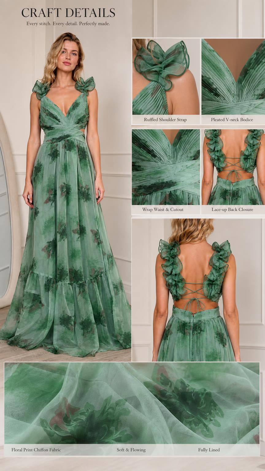 Craft details collage of the sage green floral maxi dress