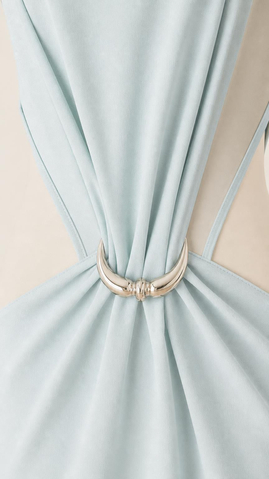 Close-up of silver ring hardware detail on Light Blue dress