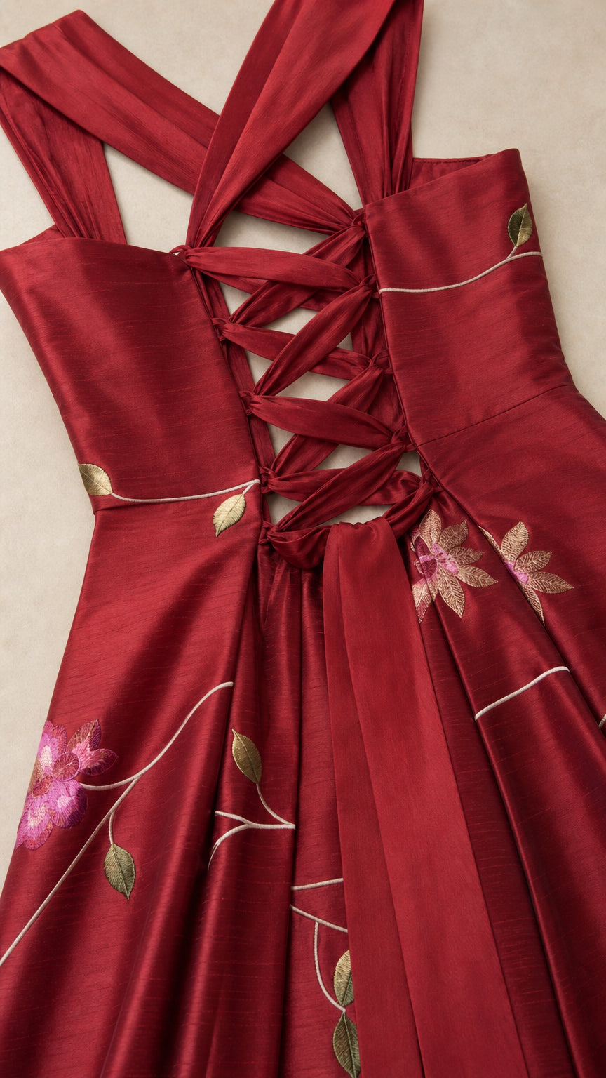 Close-up of back lace-up straps and floral embroidery