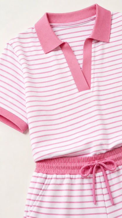 Close-up detail of polo collar and drawstring waist on pink striped dress