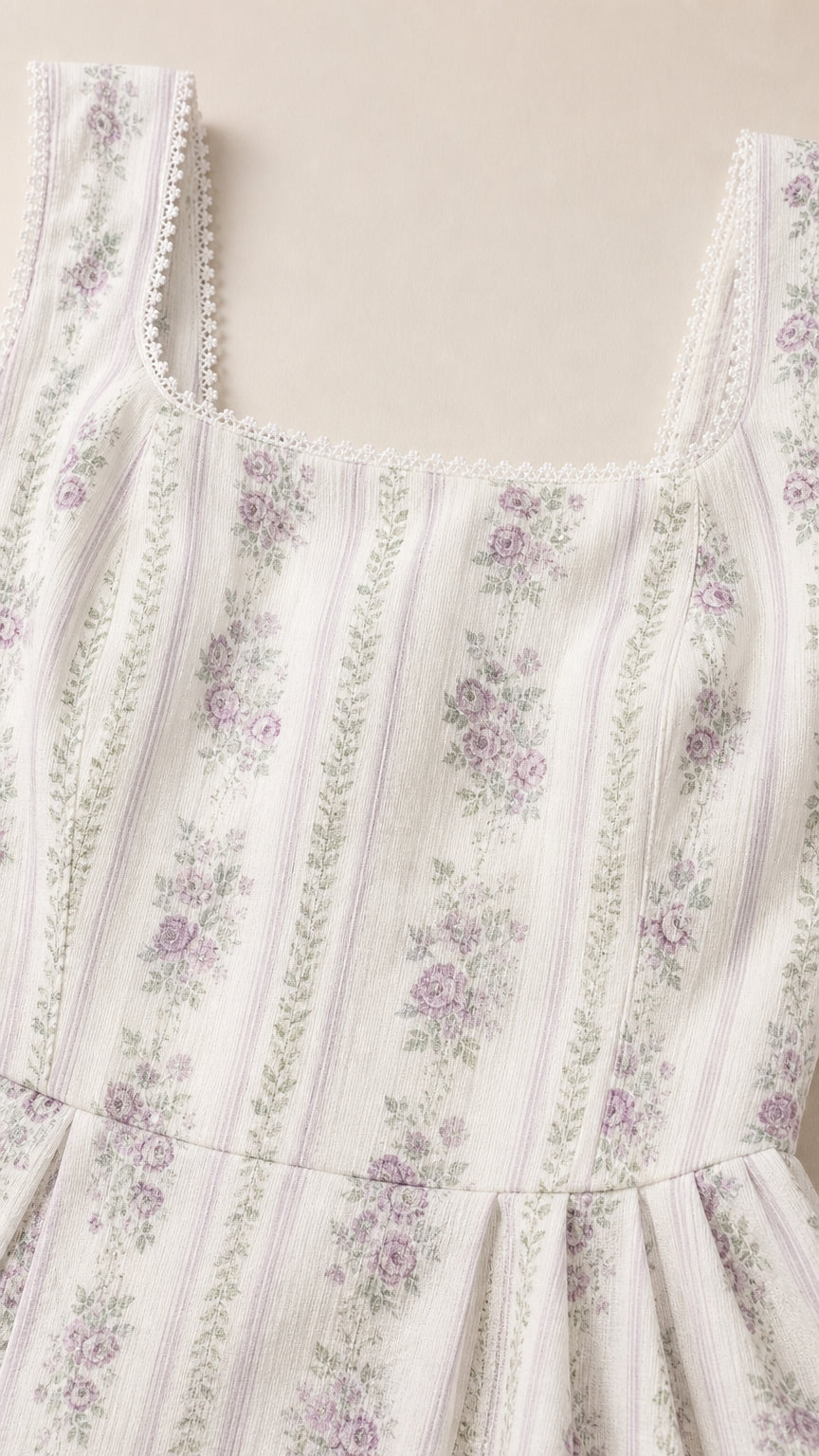 Close-up of white floral dress fabric and square neckline with lace trim