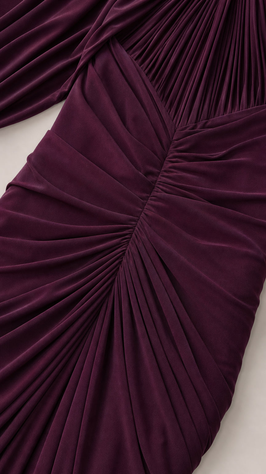 Close-up detail of the front ruching and bodice construction