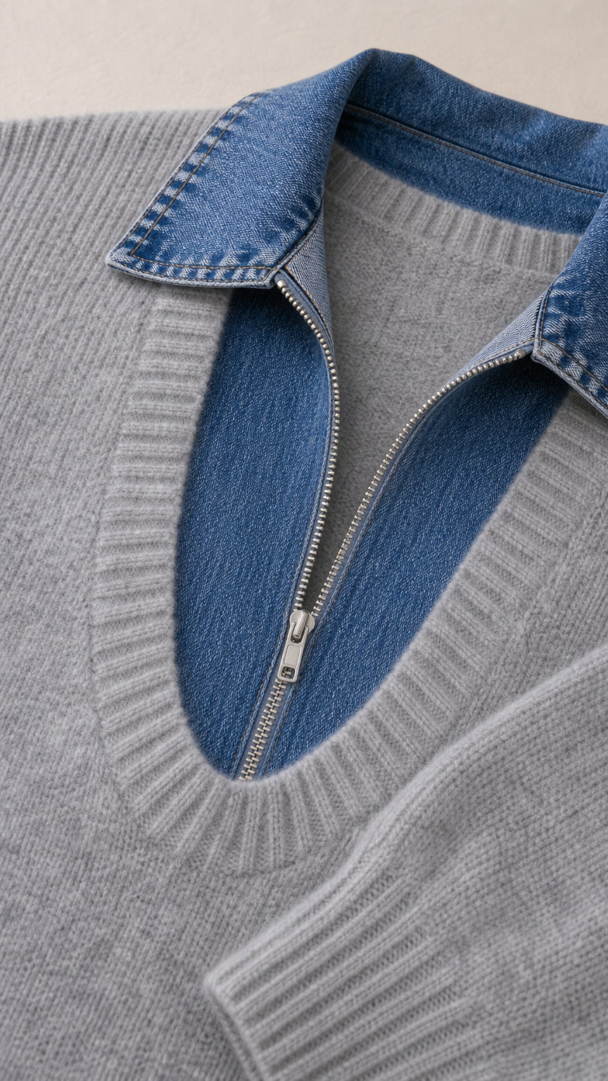 Close-up detail of ribbed scoop neckline with layered denim collar and front zipper