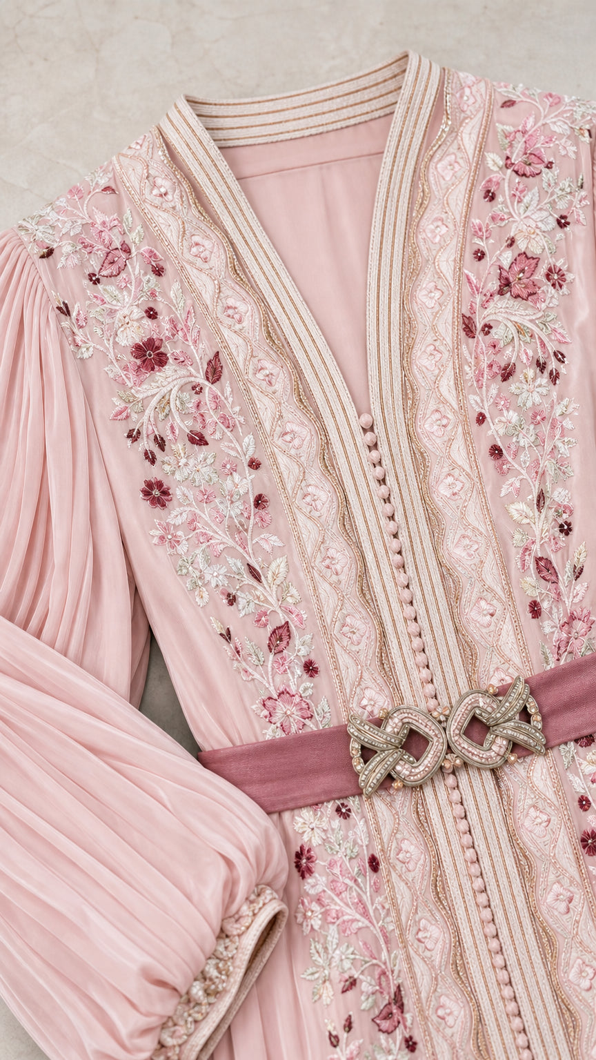 Close-up detail of blush pink neckline embroidery and jewel-buckle belt