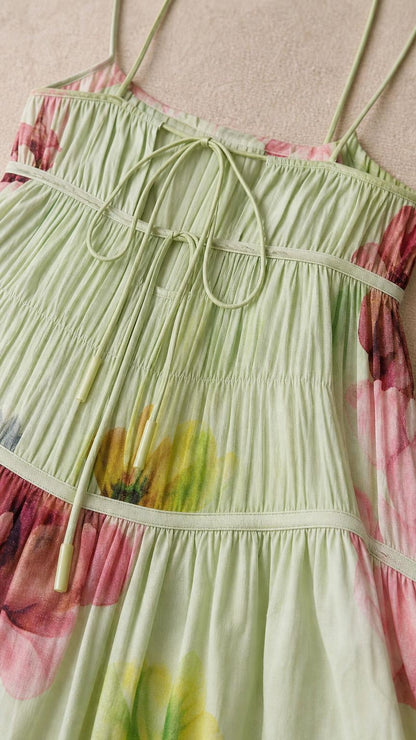Close up of green floral print dress bodice and straps