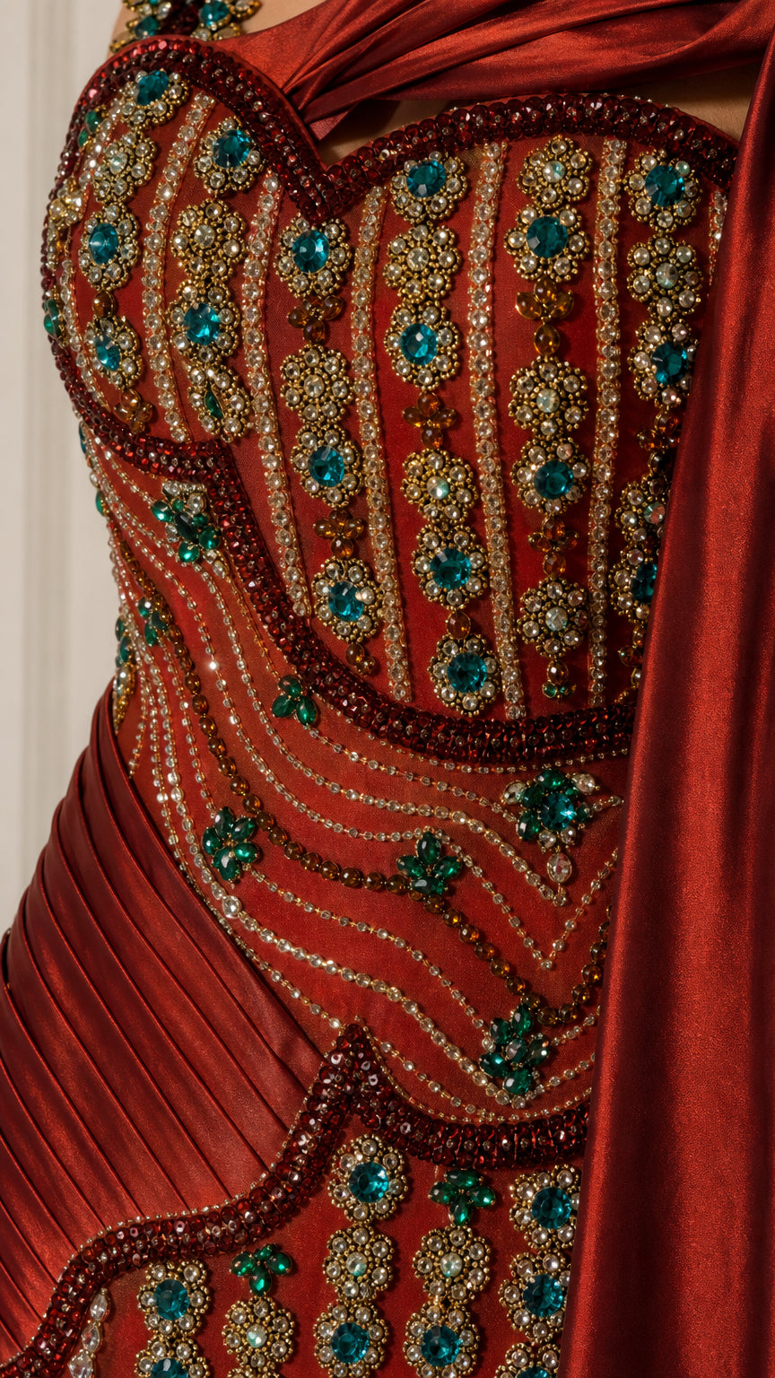 Close-up detail of bodice beadwork and jeweled embroidery