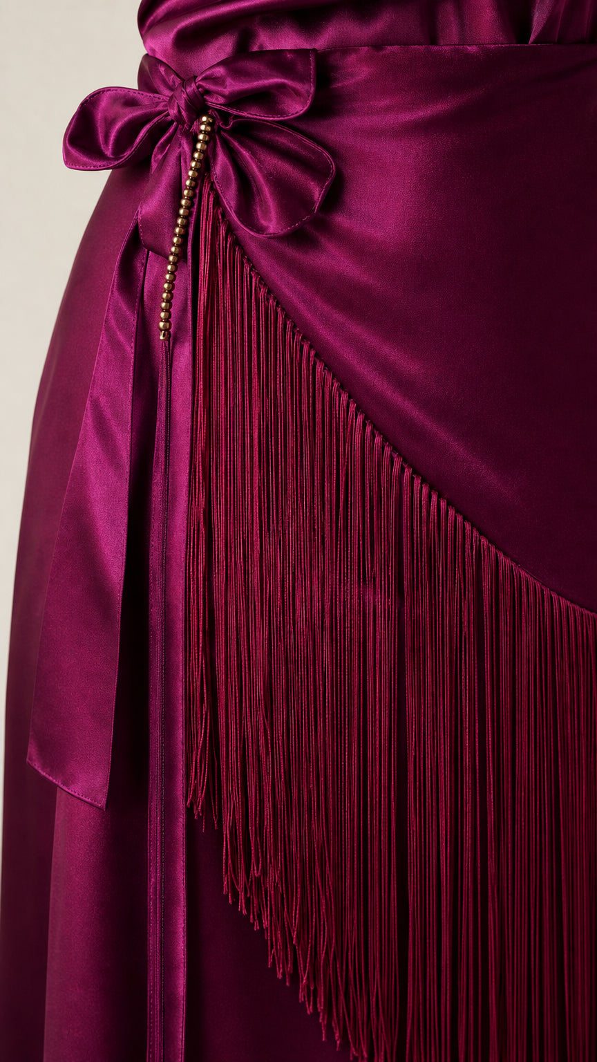 Close up of fringe detailing and waist tie on magenta dress