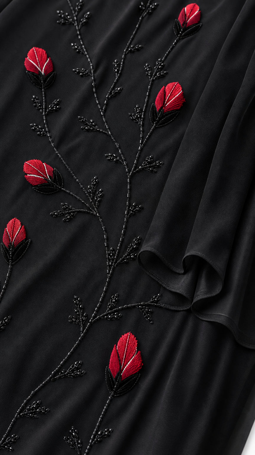 Close-up of red embroidered rose buds and vine beadwork on black fabric
