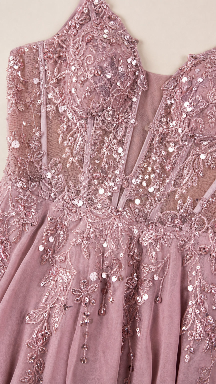 Close-up of embellished sequin bodice and neckline