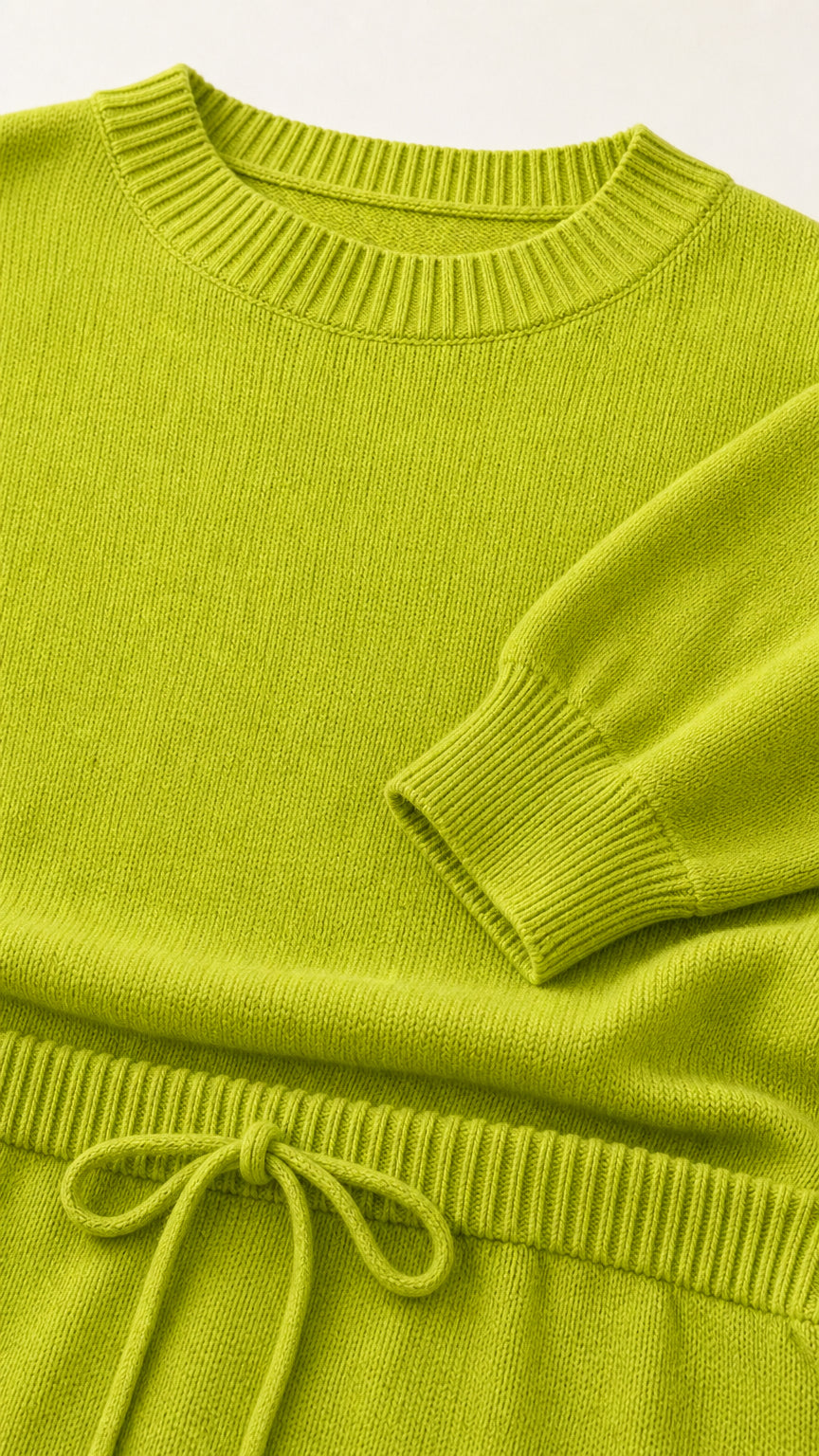 Close-up detail of lime green fine knit texture, ribbed neckline, ribbed cuffs, and drawstring waistband
