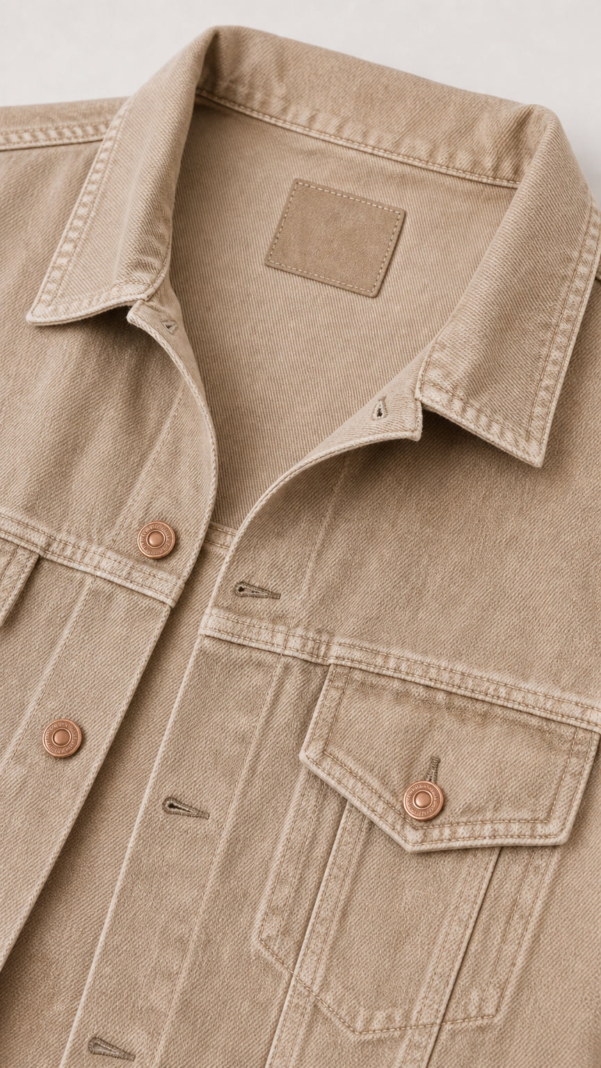 Close-up detail of beige denim twill fabric, collar, metal buttons, and chest pocket