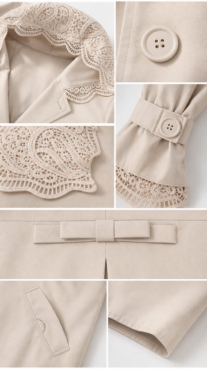 Close-up details of lace trim on hood, cuffs, button closure, and bow detail on beige coat