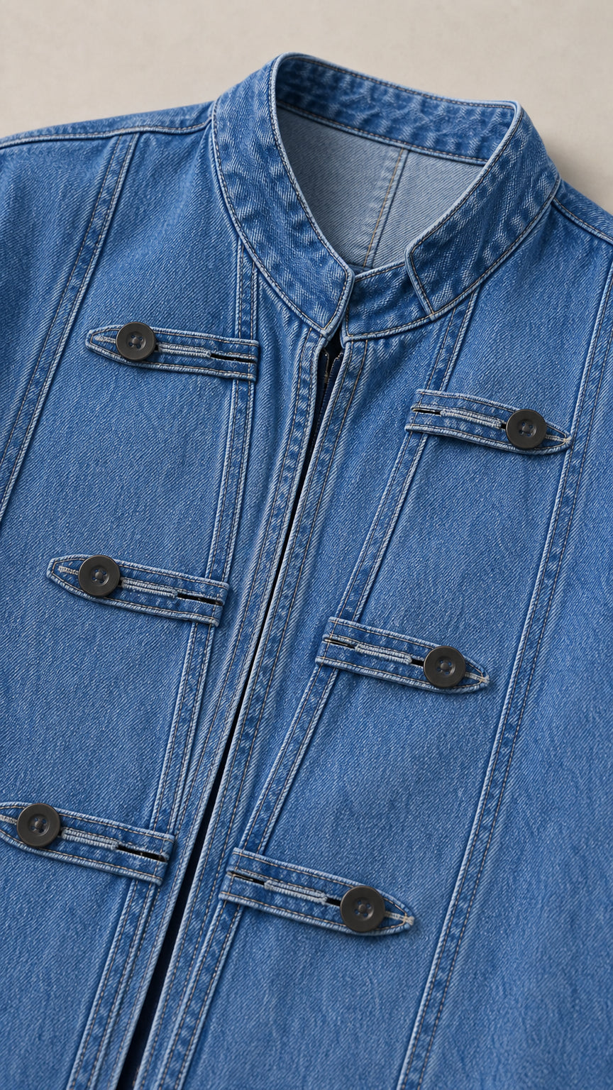 Close-up detail of mandarin collar and button tabs on denim duster