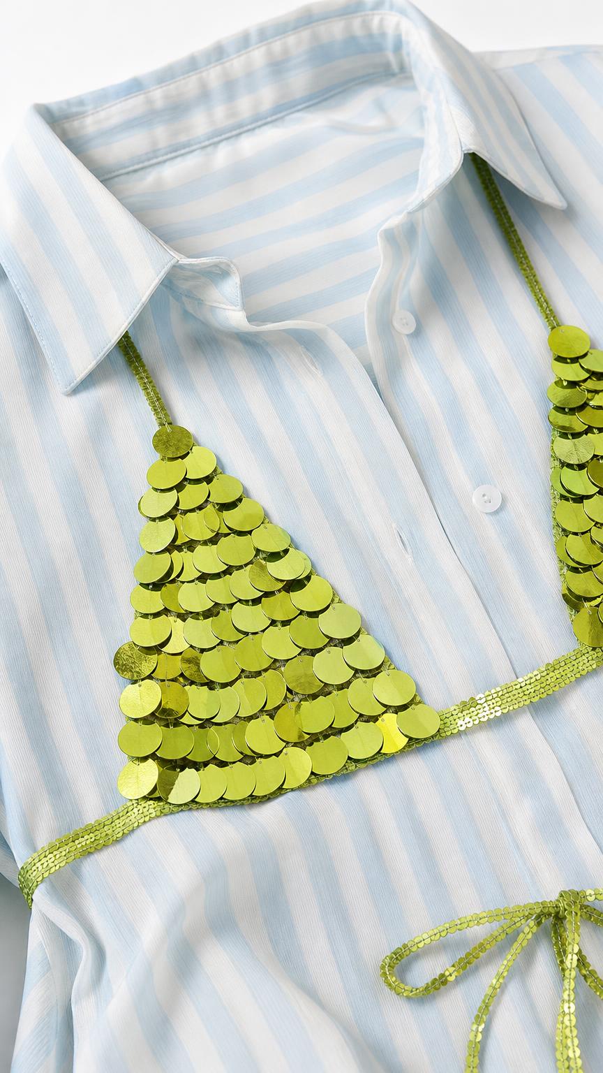 Close-up of collar and green sequin overlay detail