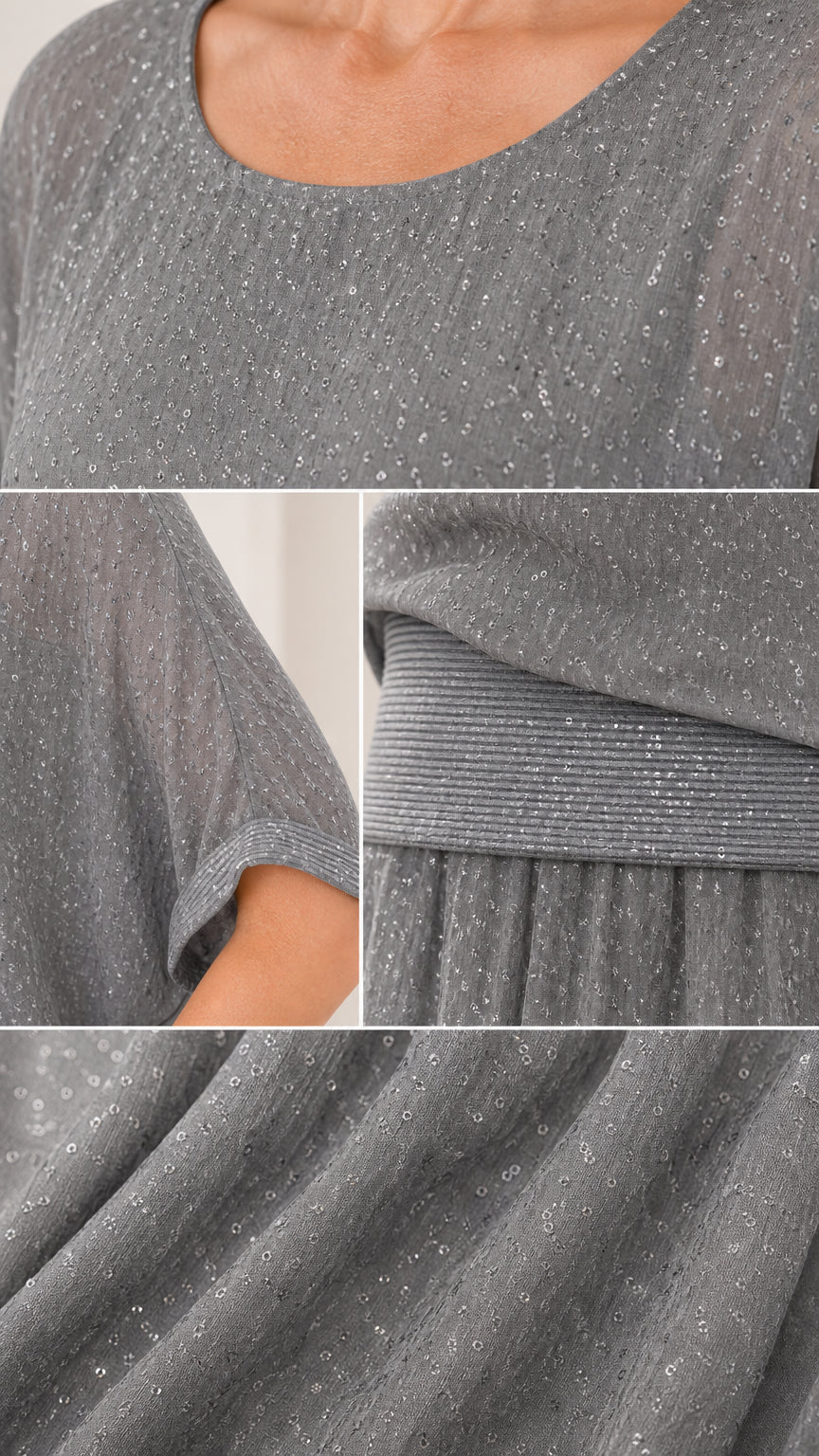 Close-up details of scoop neckline, sleeve, ribbed waistband, and fabric texture
