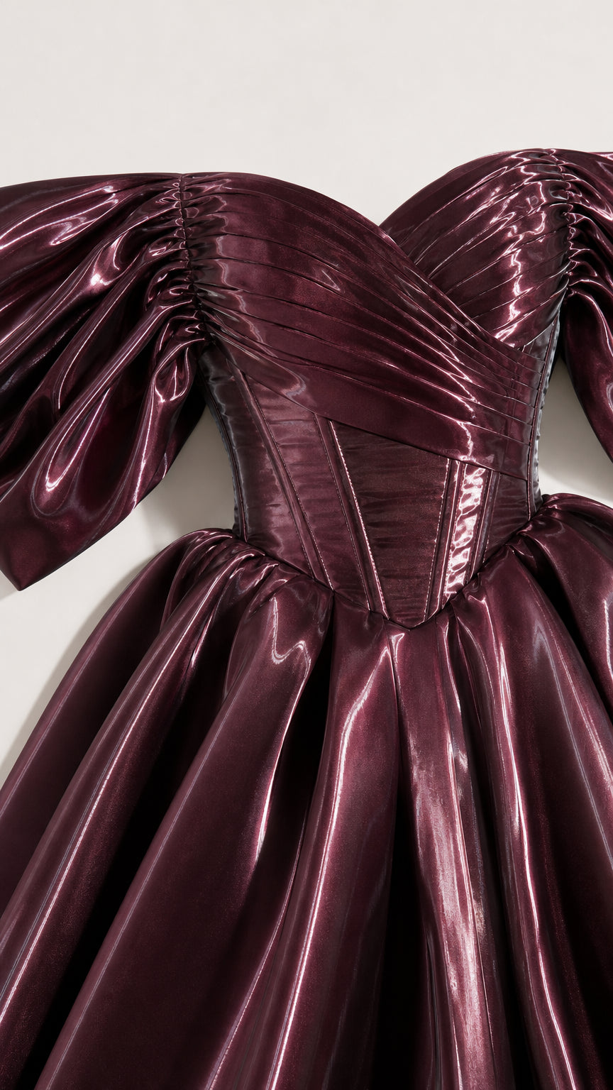 Close-up detail of bodice and pleated puff sleeves