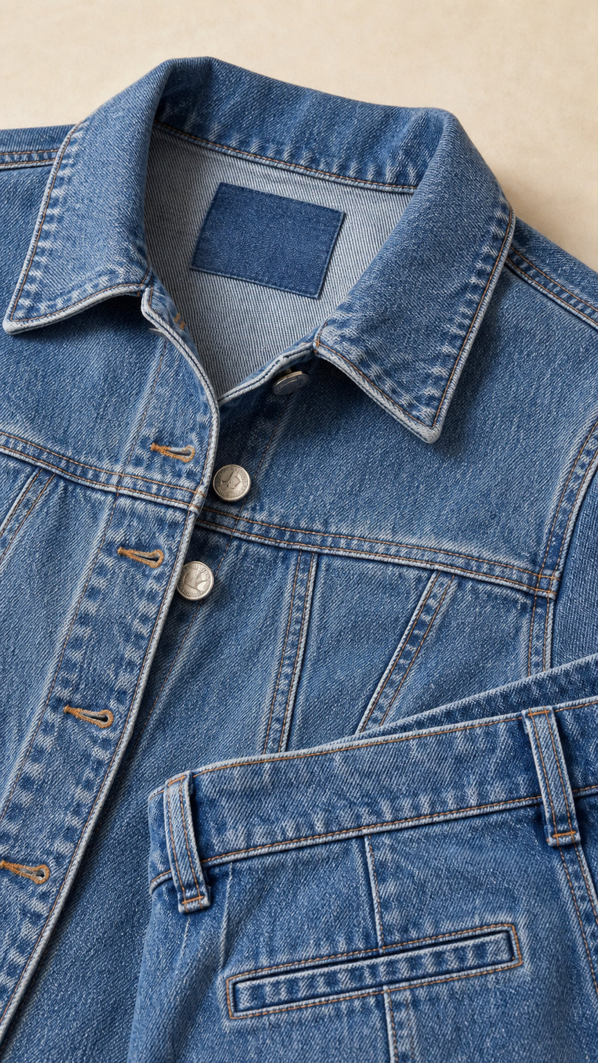 Close-up of the blue jacket collar, button front, stitching, and flap pocket details