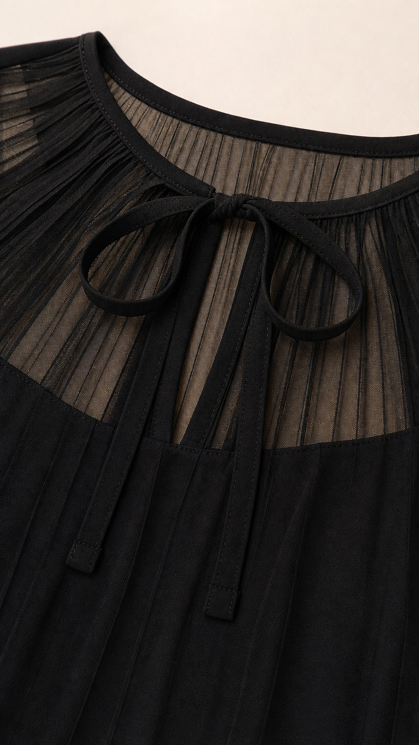Close-up of black mesh yoke and necktie detail