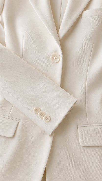 Close-up detail of the white blazer lapel, front button, and cuff buttons