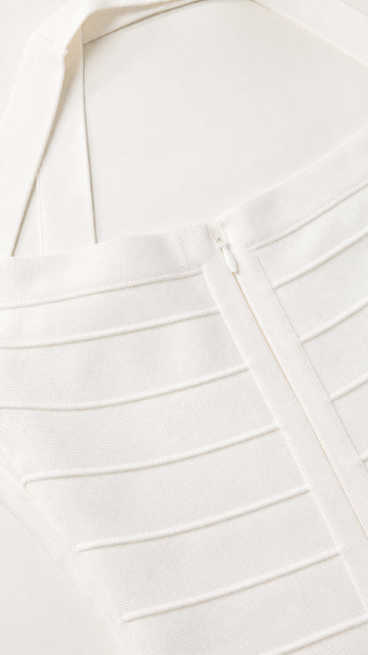 Close-up detail of white bandage dress texture and zipper