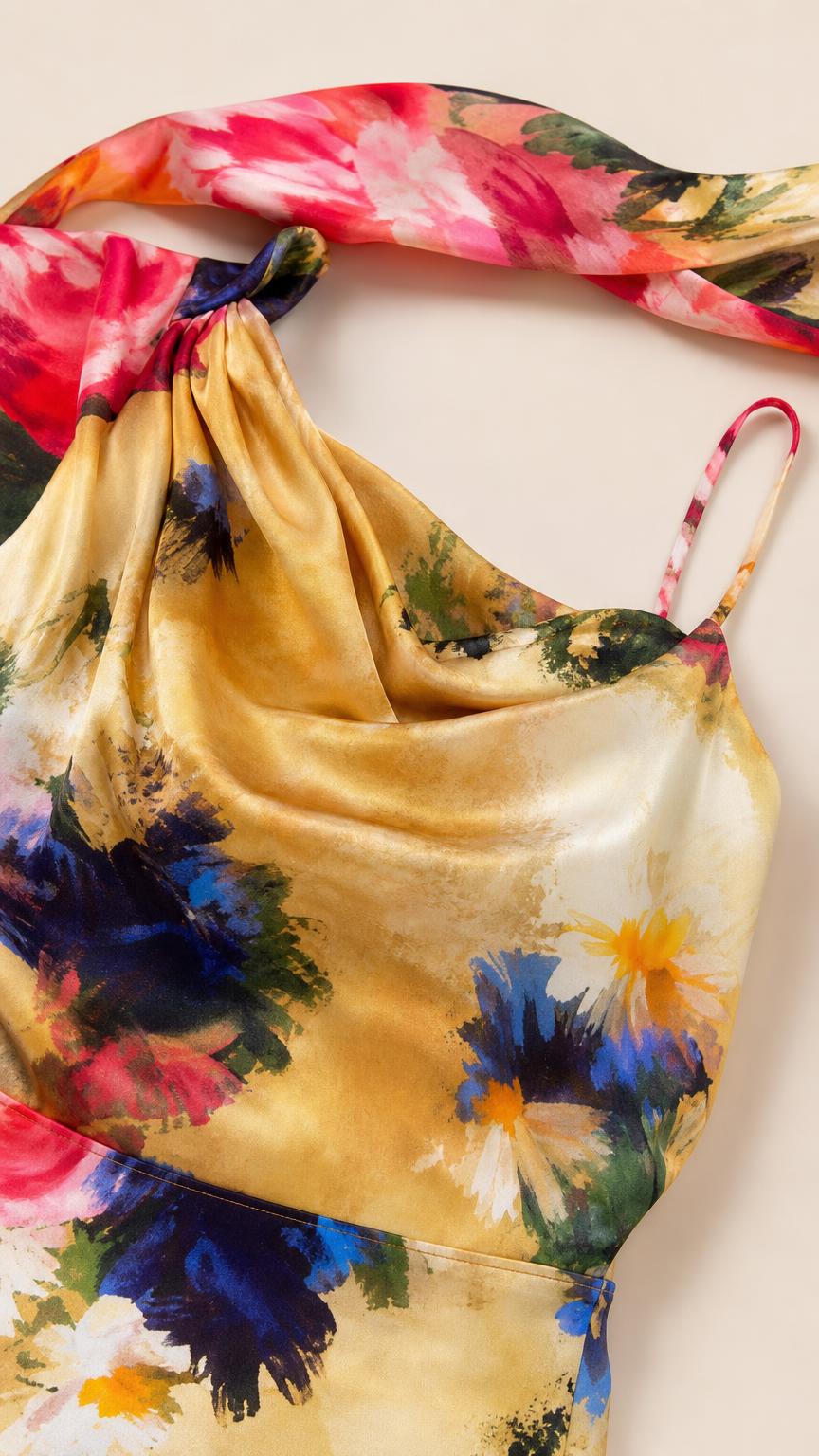 Close-up of cowl neck and matching neck scarf on yellow floral dress