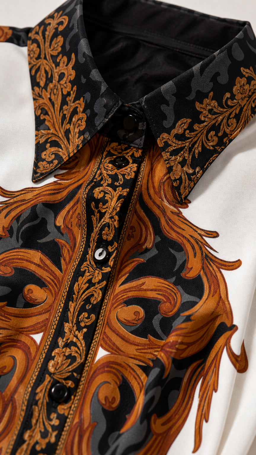 Close-up of structured collar and button placket on baroque print shirt dress