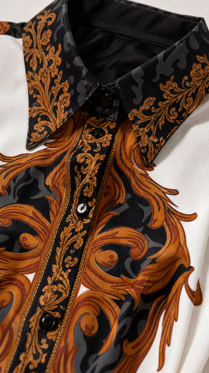 Close-up of structured collar and button placket on baroque print shirt dress