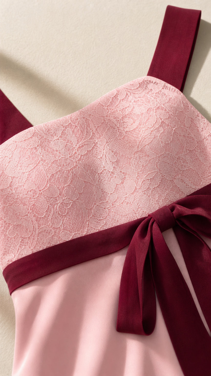 Close up of lace bodice and contrast bow on Pink dress
