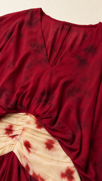 Close-up detail of V-neckline and contrast ruched midriff on Wine Red maxi dress