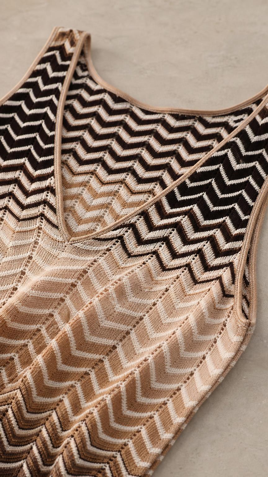 Close-up detail of the V-neckline and chevron knit pattern