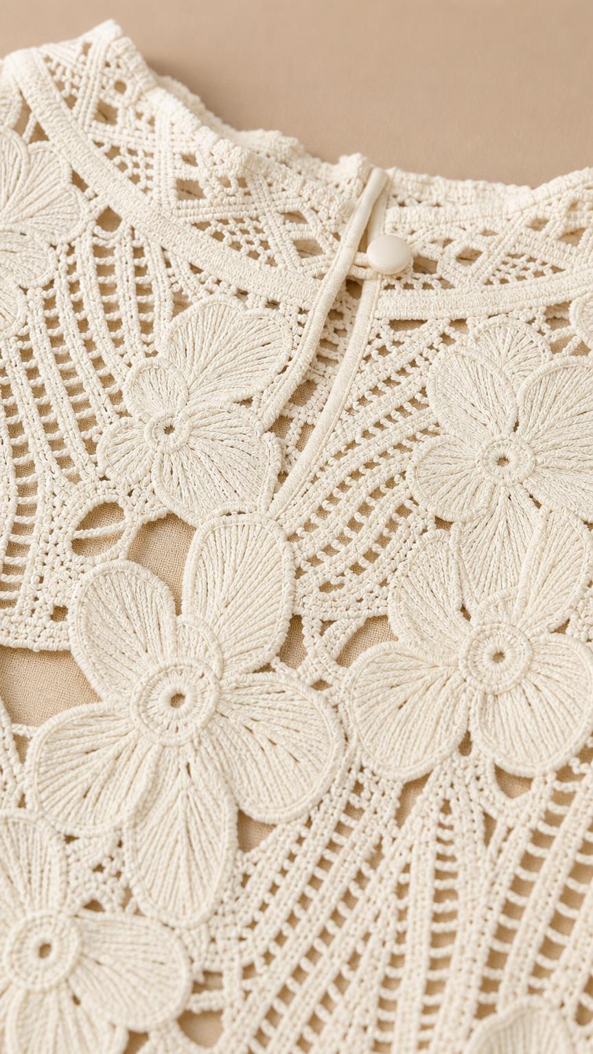 Close-up of floral crochet lace pattern and neckline