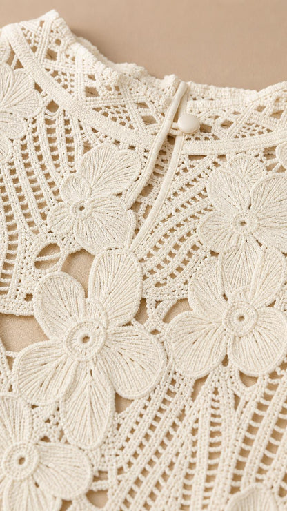 Close-up of floral crochet lace pattern and neckline