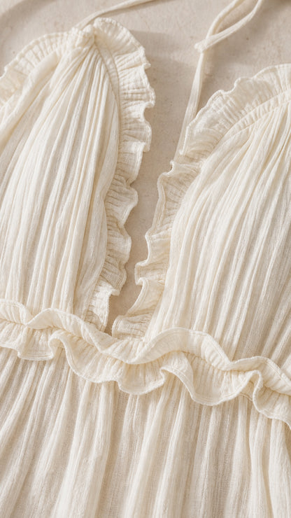 Close-up of ruffle and texture detail on White maxi dress