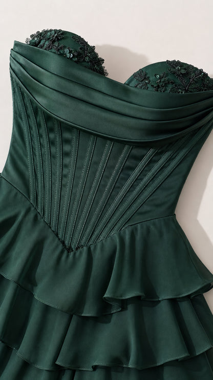 Close-up detail of the beaded sweetheart neckline and boned bodice