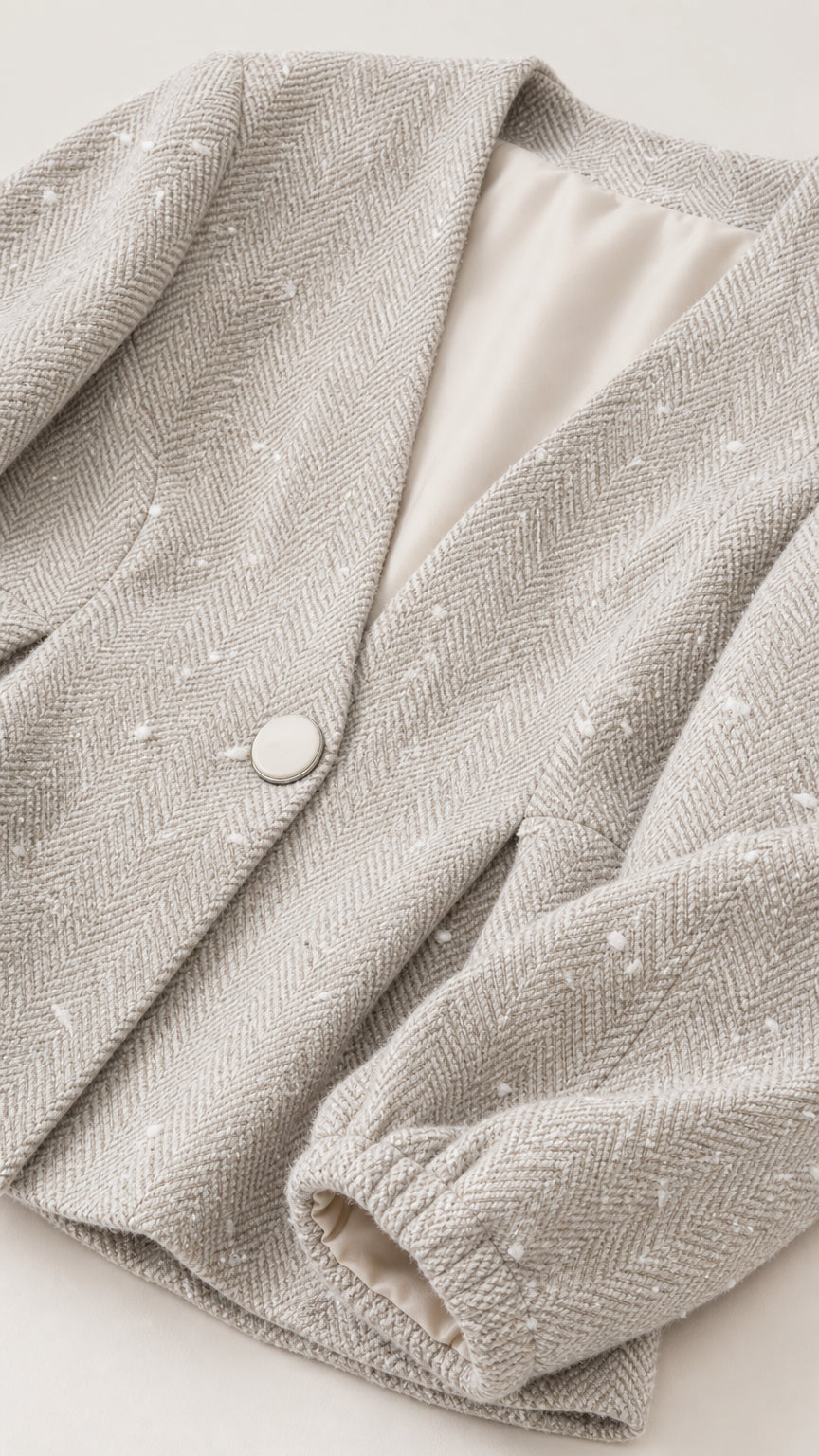 Close-up detail of textured fabric and button on beige blazer